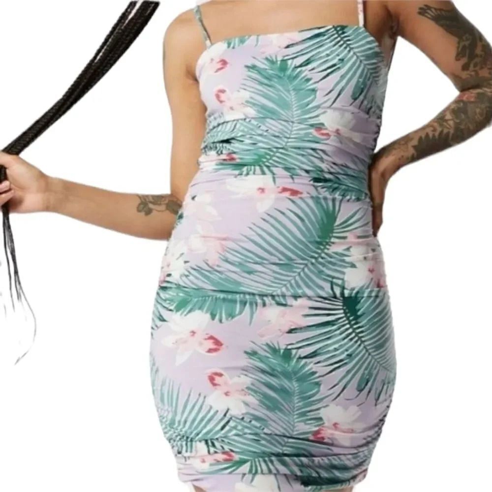 NEW Revamped Lilac Purple Palm Leaf Ruched Low Back Mini Dress Size Small